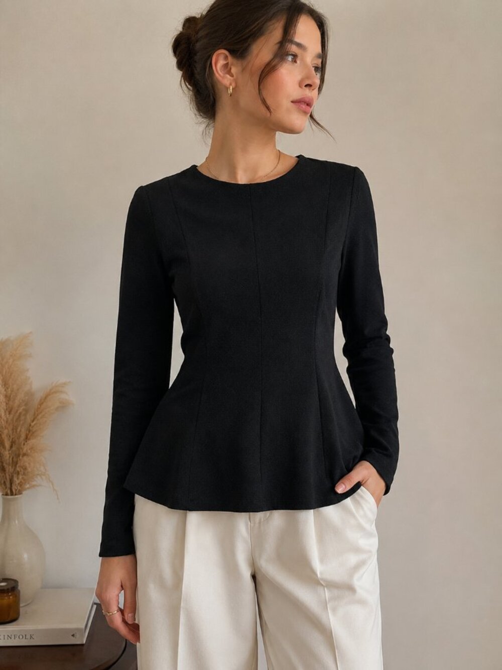H&M Black Fitted Structured Long Sleeve Top Minimalist Dressy Career Blouse EUC